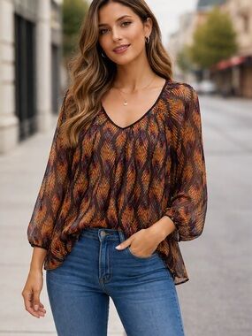 Blu Pepper Sheer V-Neck Blouse in Rust, Burgundy, Mustard